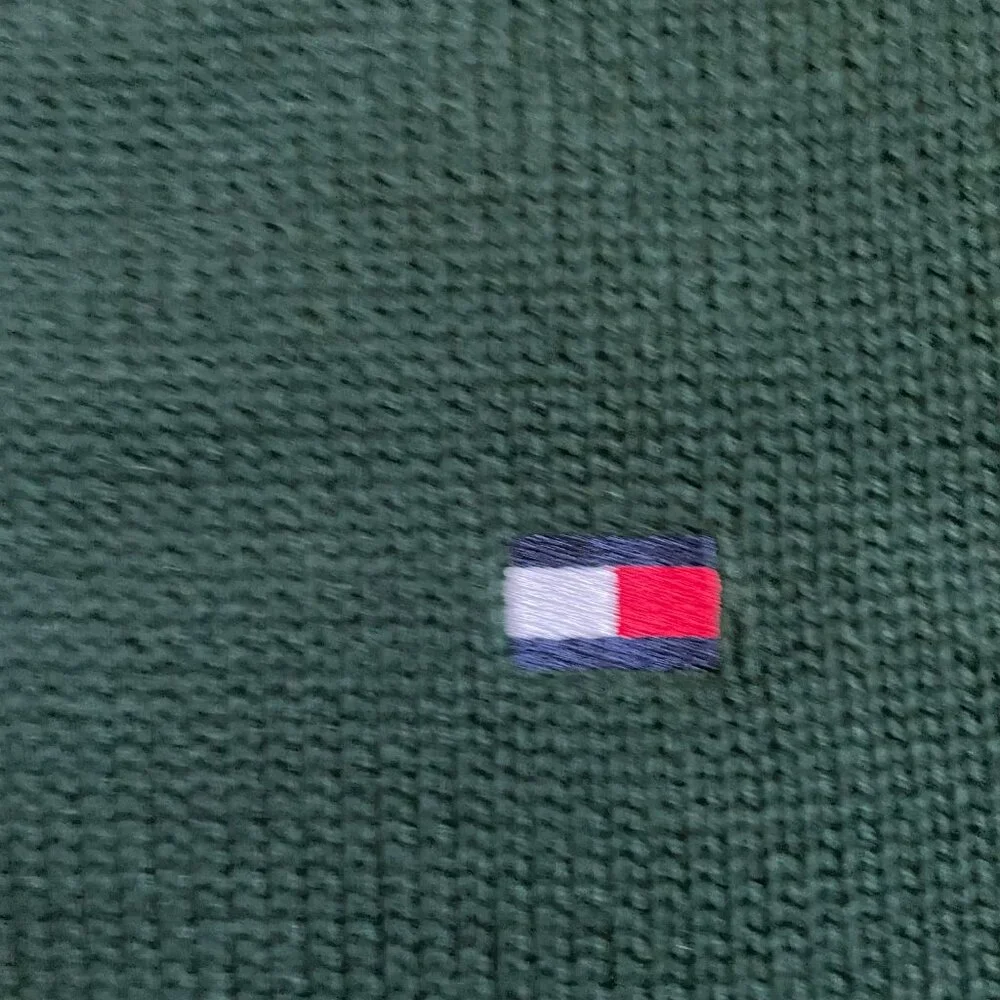 Vintage Tommy Hilfiger V-Neck Sweater Forest Green 100% Cotton Size XL